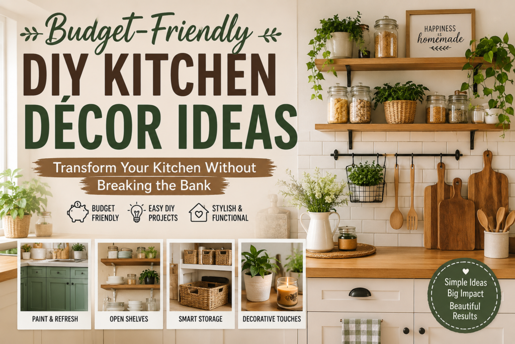 Budget-friendly DIY kitchen décor ideas featuring modern cabinets, open wooden shelves, indoor plants, glass storage jars, and stylish organization in a bright, cozy kitchen.