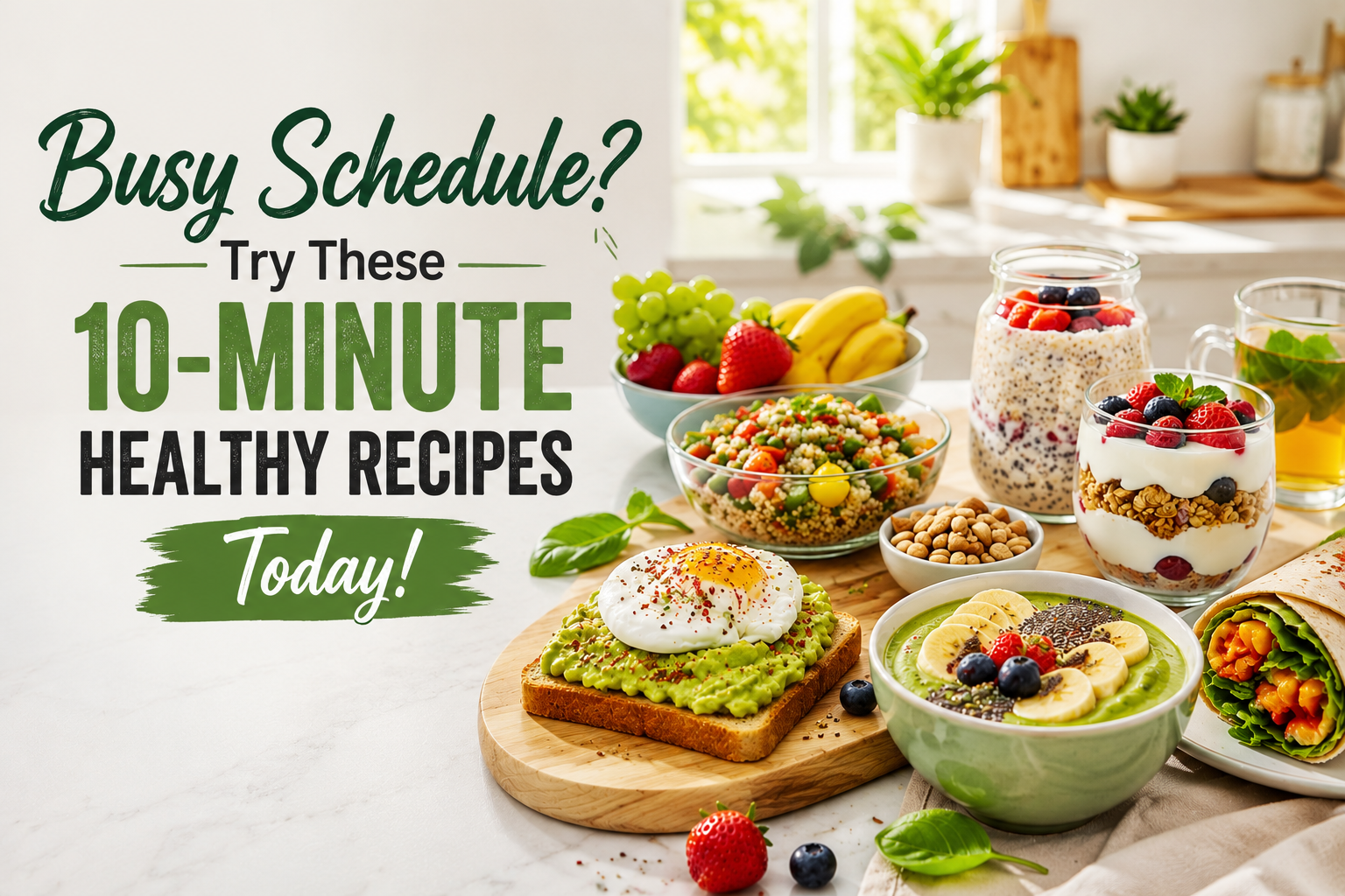 10-minute healthy recipes featuring avocado toast, Greek yogurt parfait, smoothie bowl, overnight oats, quinoa salad, and fresh fruits on a modern breakfast table.